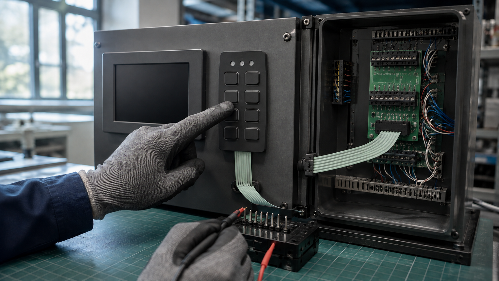 Engineering scene of an AI-assisted machine HMI manual-control sample check with the full membrane-switch tail and connector visible