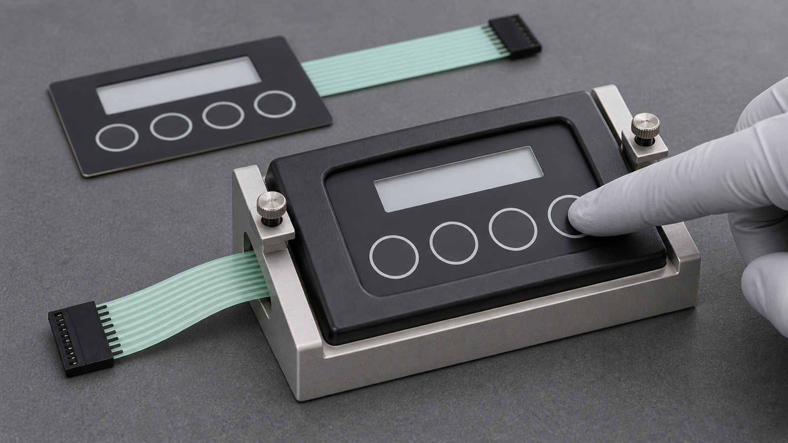 Engineering scene comparing a mounted automotive membrane keypad under a gloved press with a loose sample, complete flexible tails and connectors.