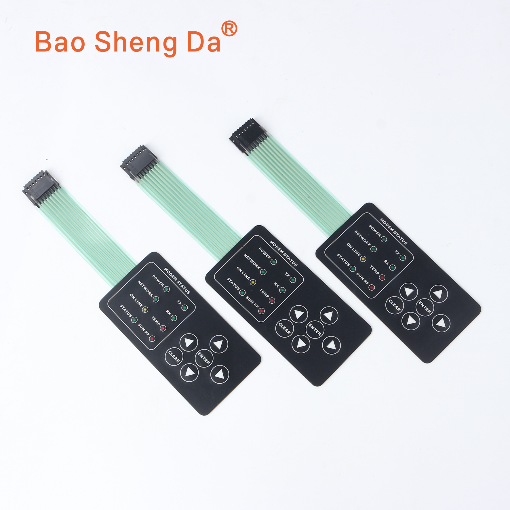 Complete original Baoshengda product image showing three backlit membrane switch keypads, full flex tails and connector ends