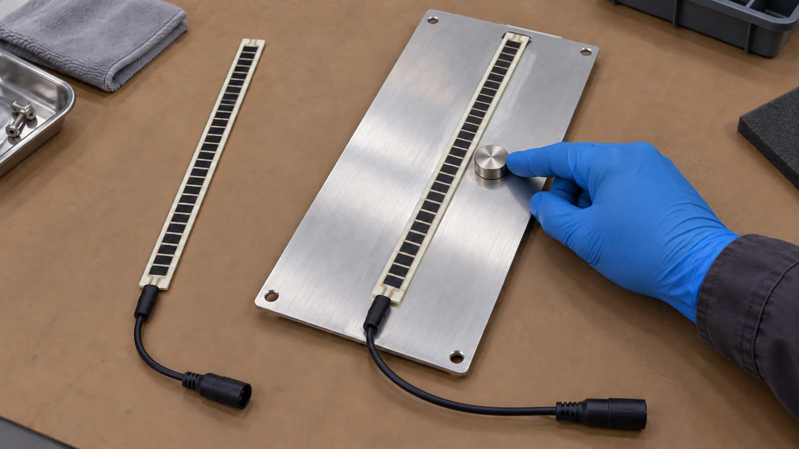 Engineering scene of a carbon heating-strip replacement comparison on a metal plate, with disconnected power leads and an unpowered sensor-location mockup.
