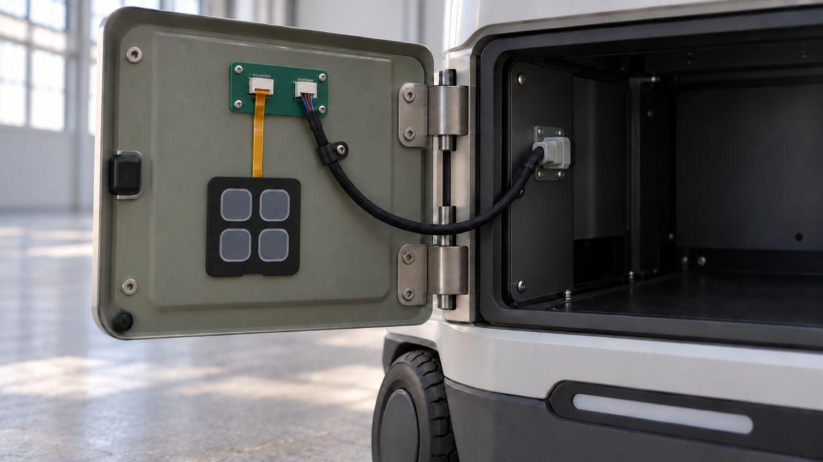 Engineering application scene showing a robot service-hatch keypad, a short amber tail to a hatch-mounted board and a separate black harness across the hinge.