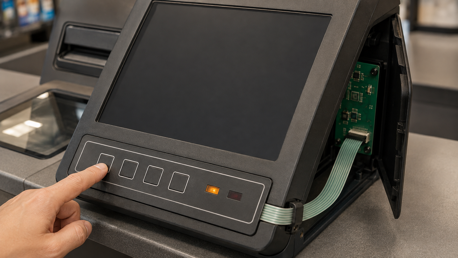 Generated application scene of a dual-mode POS terminal membrane-key acceptance check