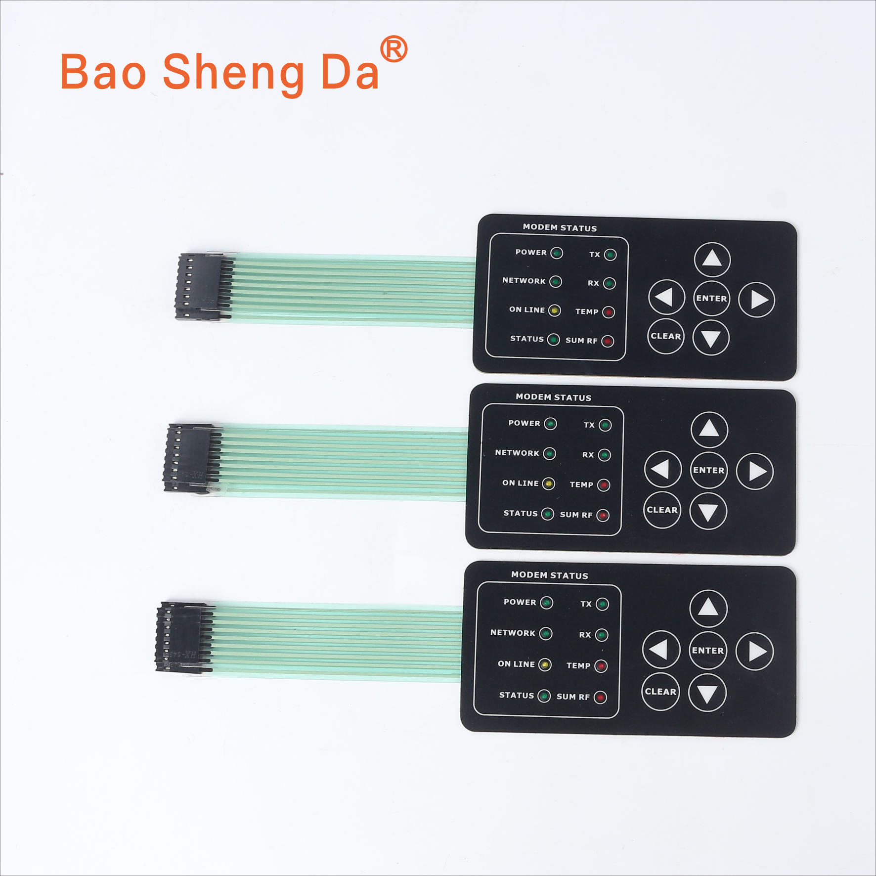 Three complete black membrane control panels with status windows, fixed keys, full flexible tails and connector housings