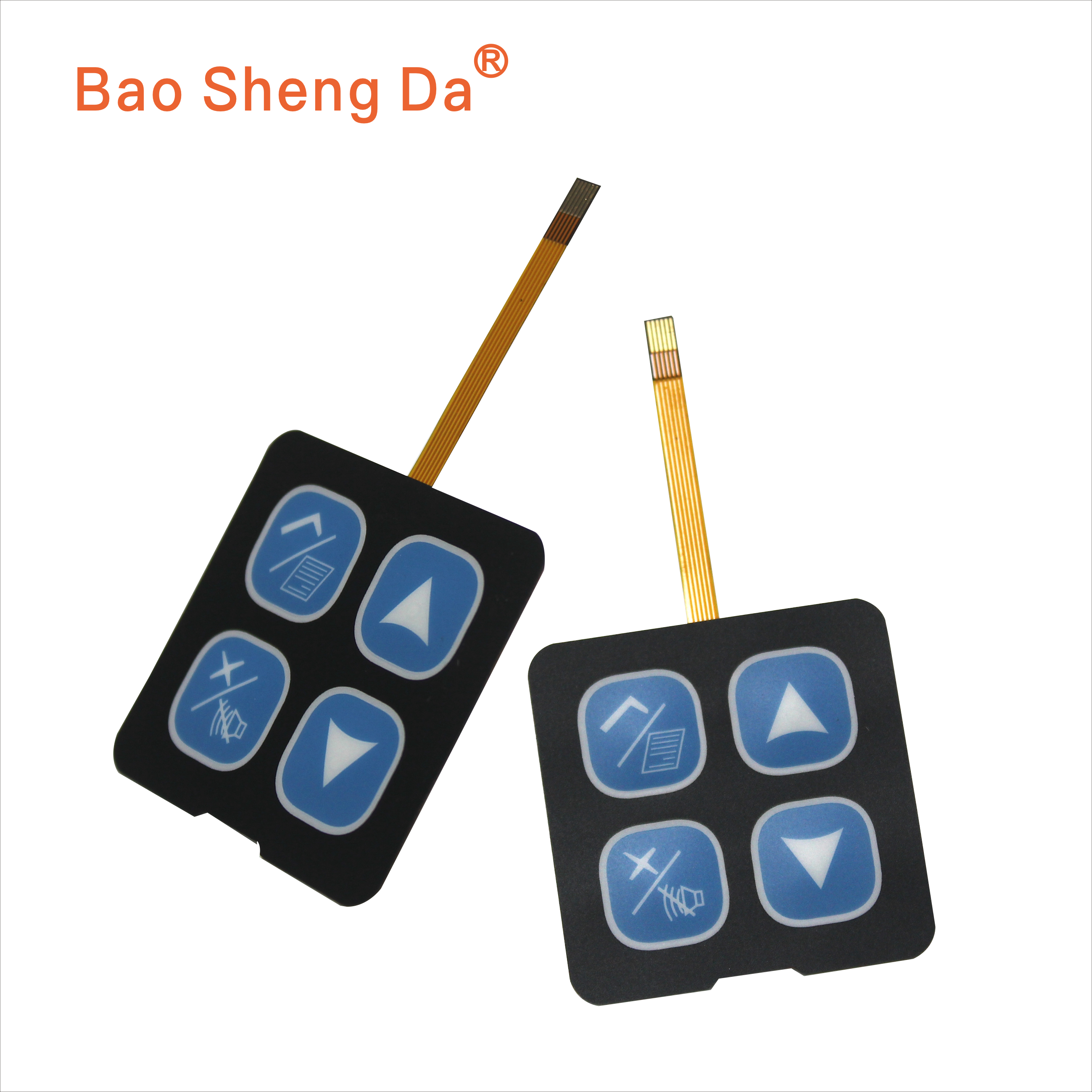 Two complete four-key FPC membrane switch keypads with long flexible tails and exposed contact fingers