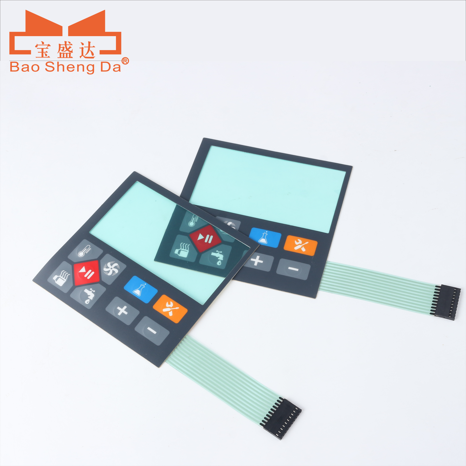 Two complete control-panel overlay assemblies with display windows, fixed key zones, full flexible tails and connectors