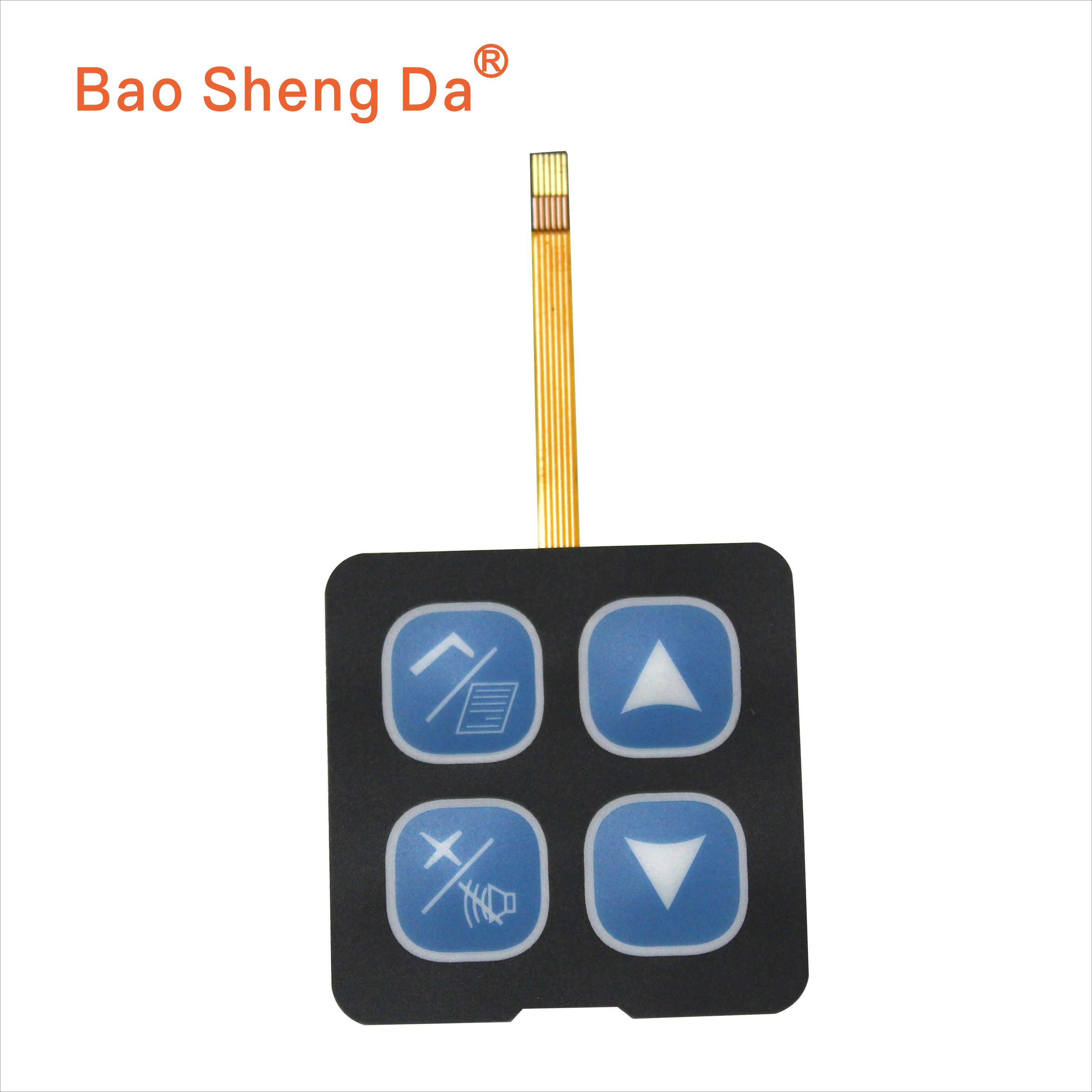 Complete original Baoshengda compact FPC membrane switch keypad with four key zones, full flex tail, contact end and owned logo