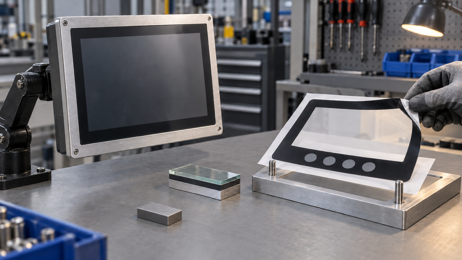 Generated engineering service scene comparing a rigid industrial panel PC front with a separate flexible graphic overlay