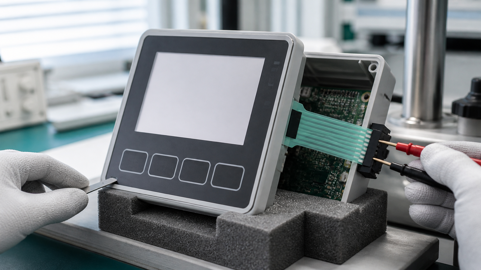 Engineering scene of an unbranded medical pump HMI drop-inspection sample with touch window, physical keys and full flexible tail visible