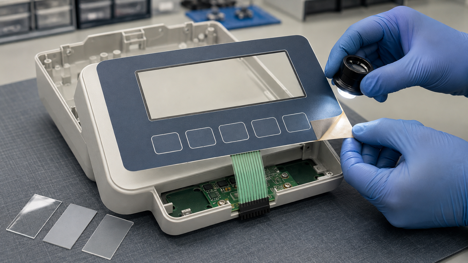 Engineering scene of a medical-device graphic overlay material review with a lifted adhesive corner, sample films and complete flexible tail