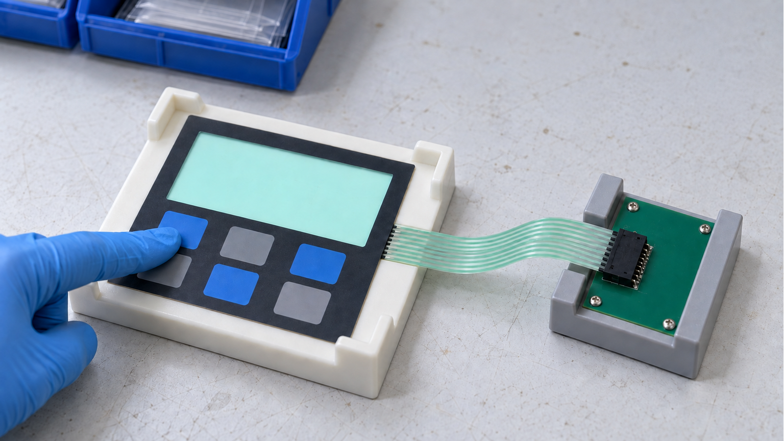 Generated engineering scene of a supported membrane-keypad sample being operated with a gloved finger, with its flexible tail connected to an inspection fixture