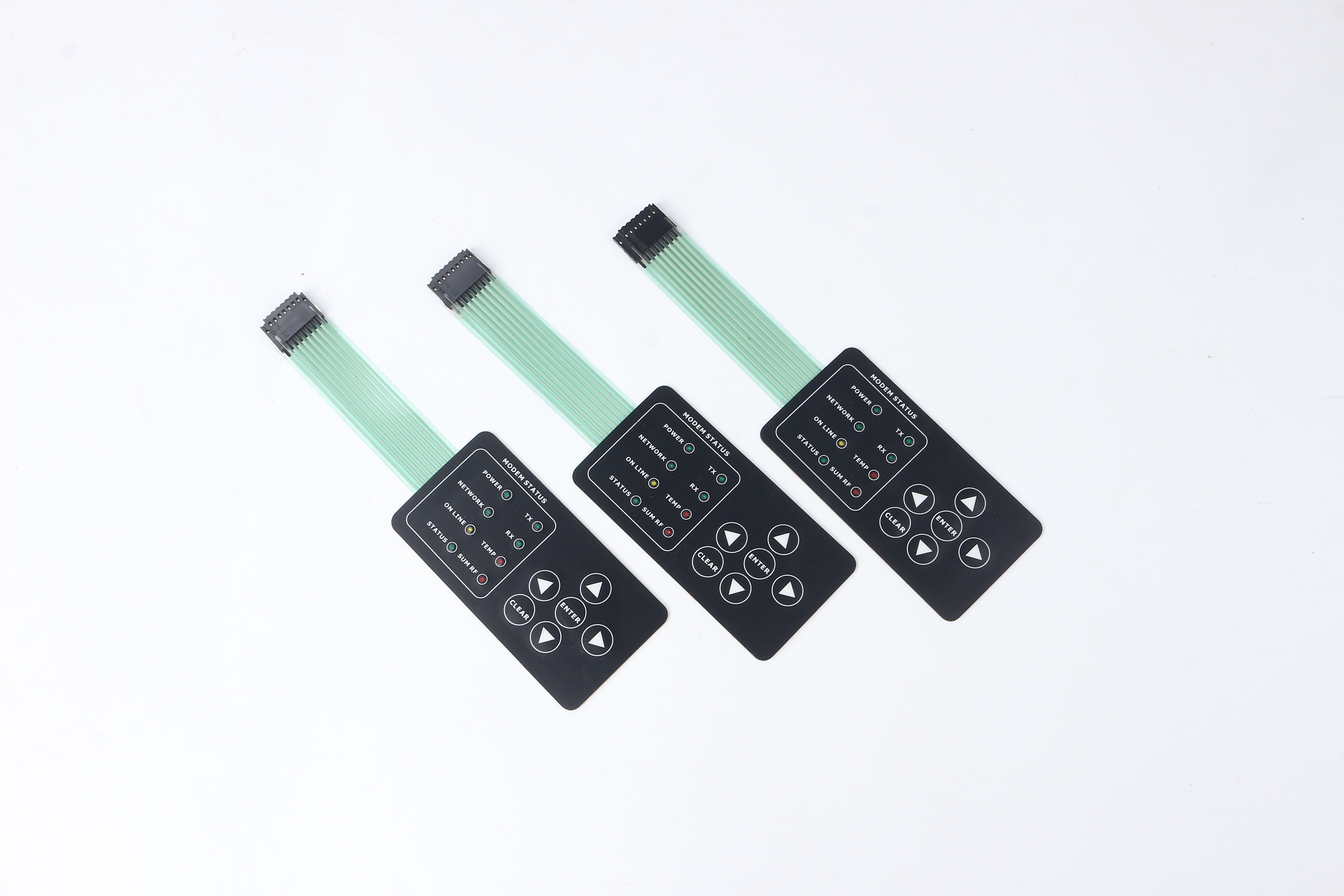 Three complete membrane switch panels with full flexible tails and black multi-position connector housings