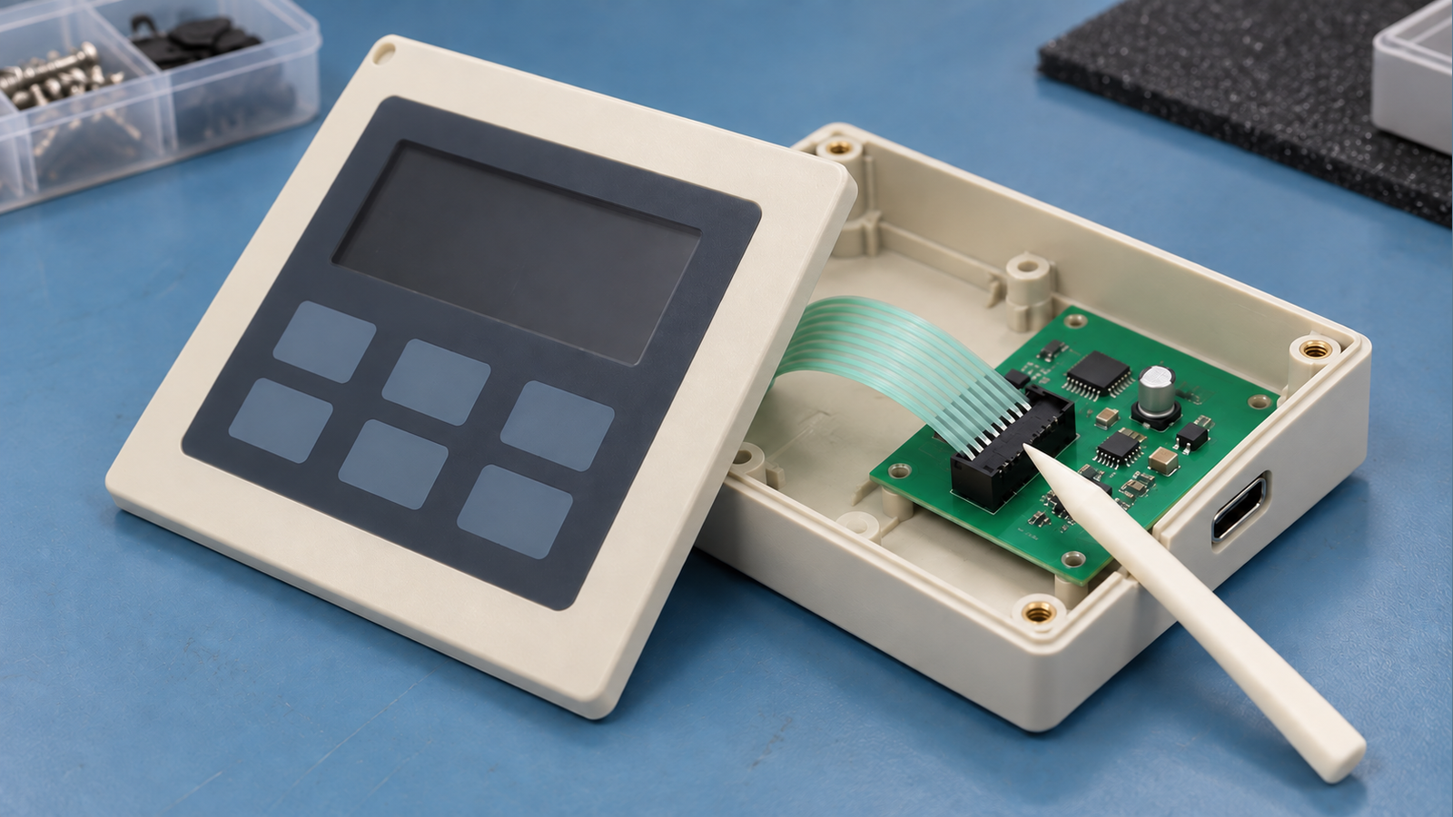 Generated engineering scene showing an opened OEM terminal with a membrane keypad, flexible tail, separate controller board and unmarked host connector