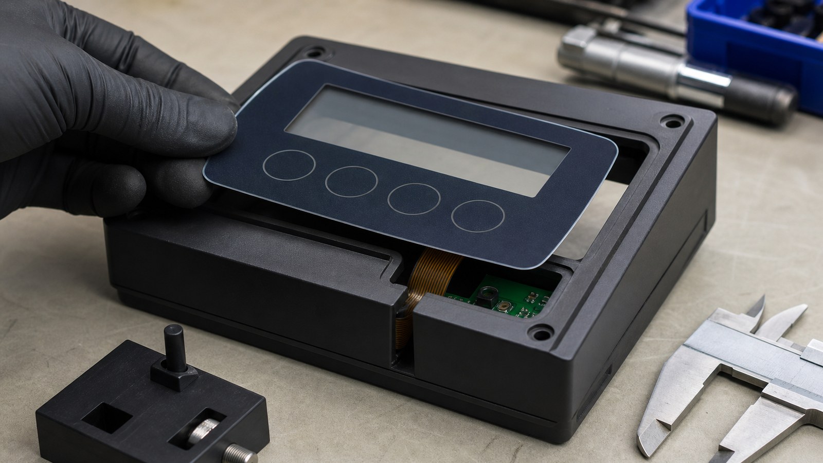 Engineering scene showing a PET graphic overlay being aligned to an ABS enclosure with tail and PCB context