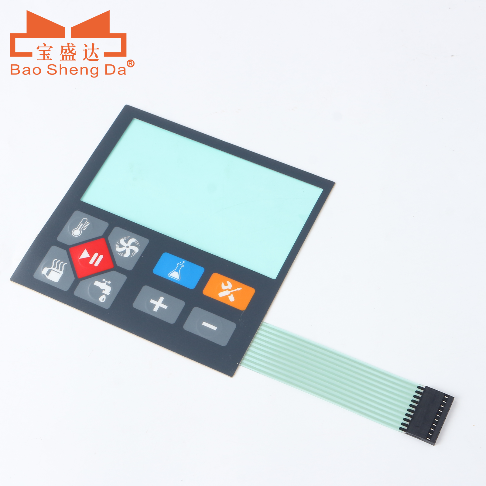 Complete membrane control panel with a large display window, black printed border, key zones, full flex tail and connector