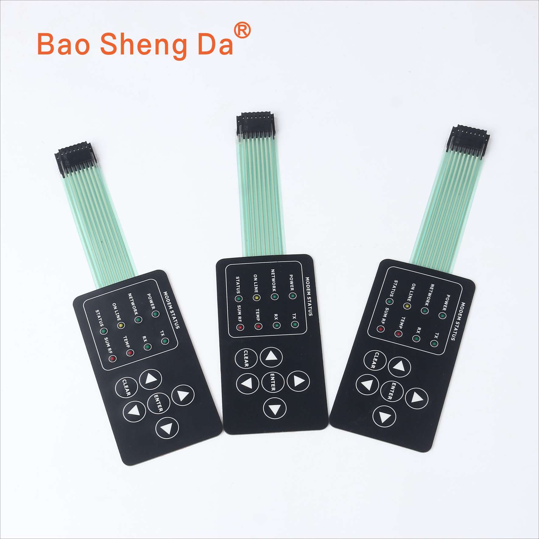 Three complete communication-equipment membrane panels with separate status windows, navigation keys, full flex tails and connectors