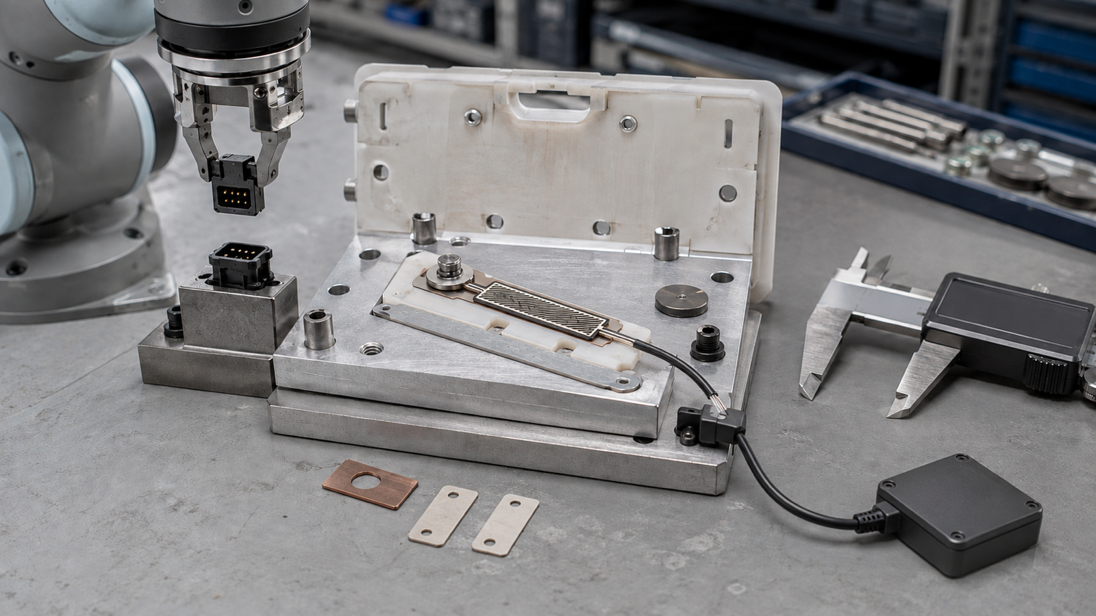 Generated engineering scene of an FSR contact-fixture review for robotic connector assembly