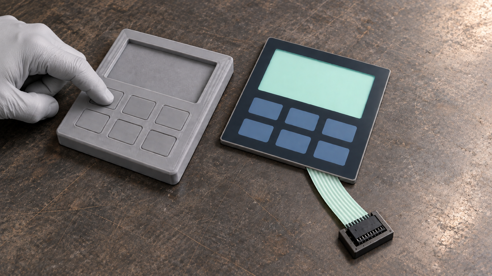 Generated engineering scene comparing a gloved review of a rigid operator-keypad layout model with a thin membrane-style sample and its complete flexible tail and connector