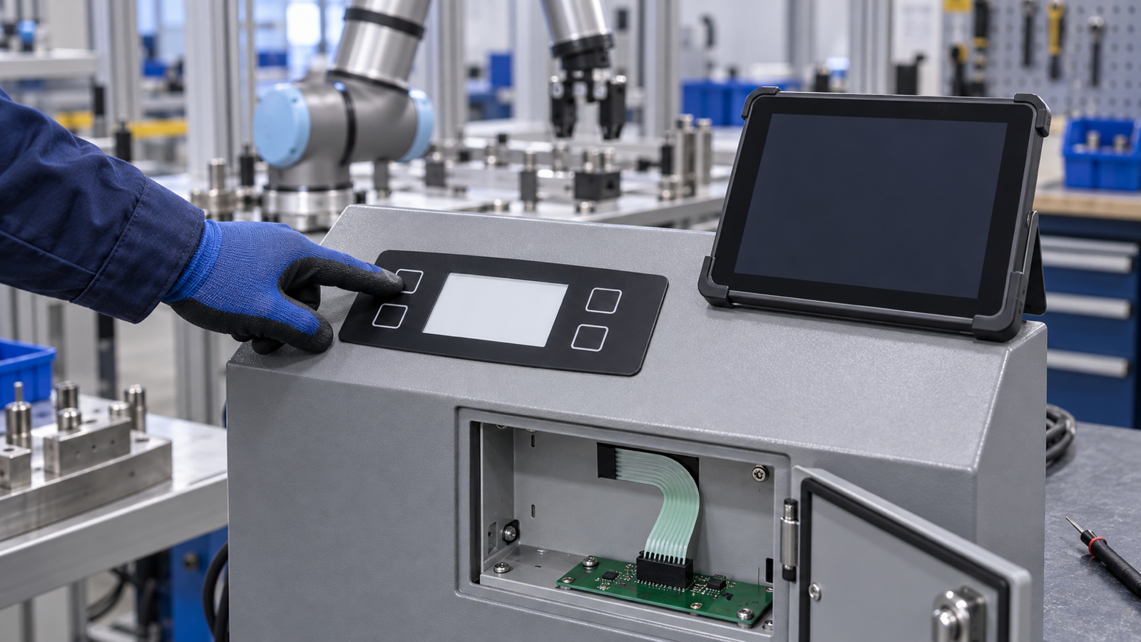 Generated engineering application scene showing a fixed robot-cell membrane keypad beside a tablet with the tail and connector visible for review