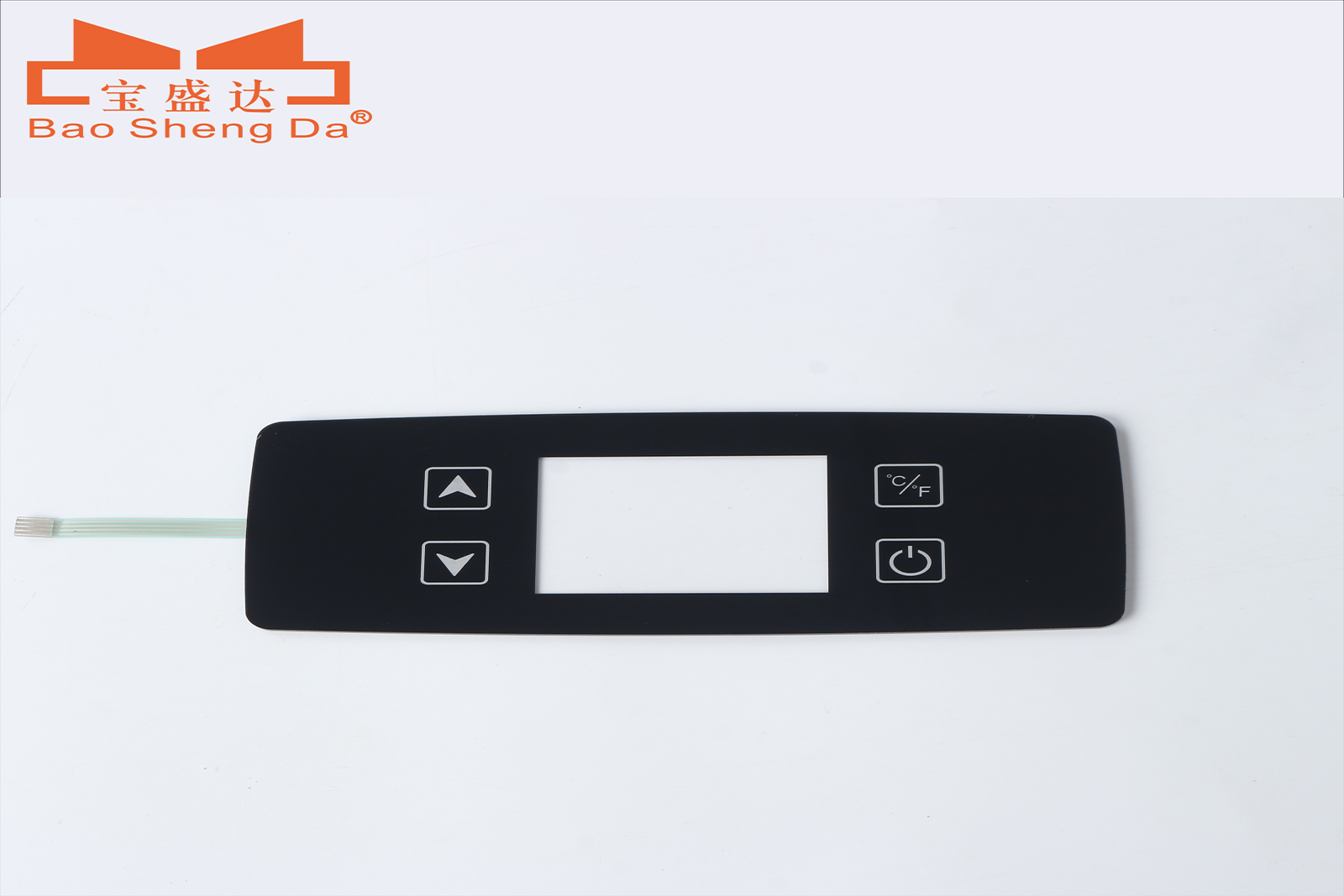Complete black industrial HMI panel with a central display window, four fixed key zones and full flex tail