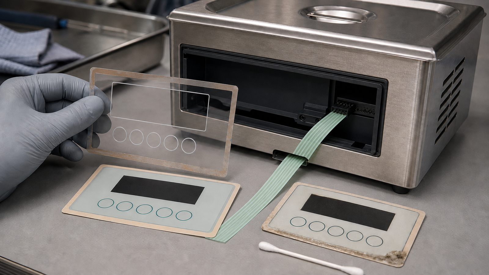 Generated engineering scene for ultrasonic-cleaner keypad moisture and contact troubleshooting
