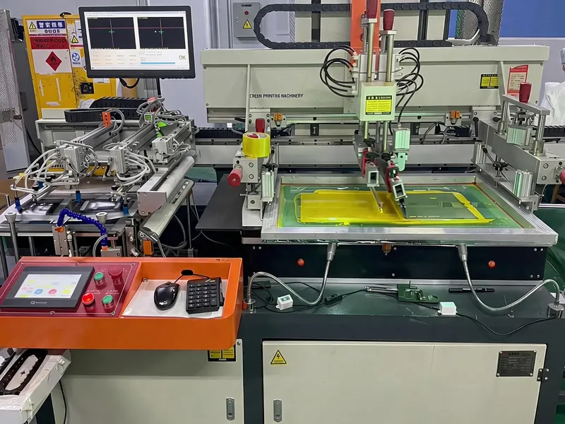 Automatisierte Siebdruckanlage mit optischer Positionierung in der Fertigung