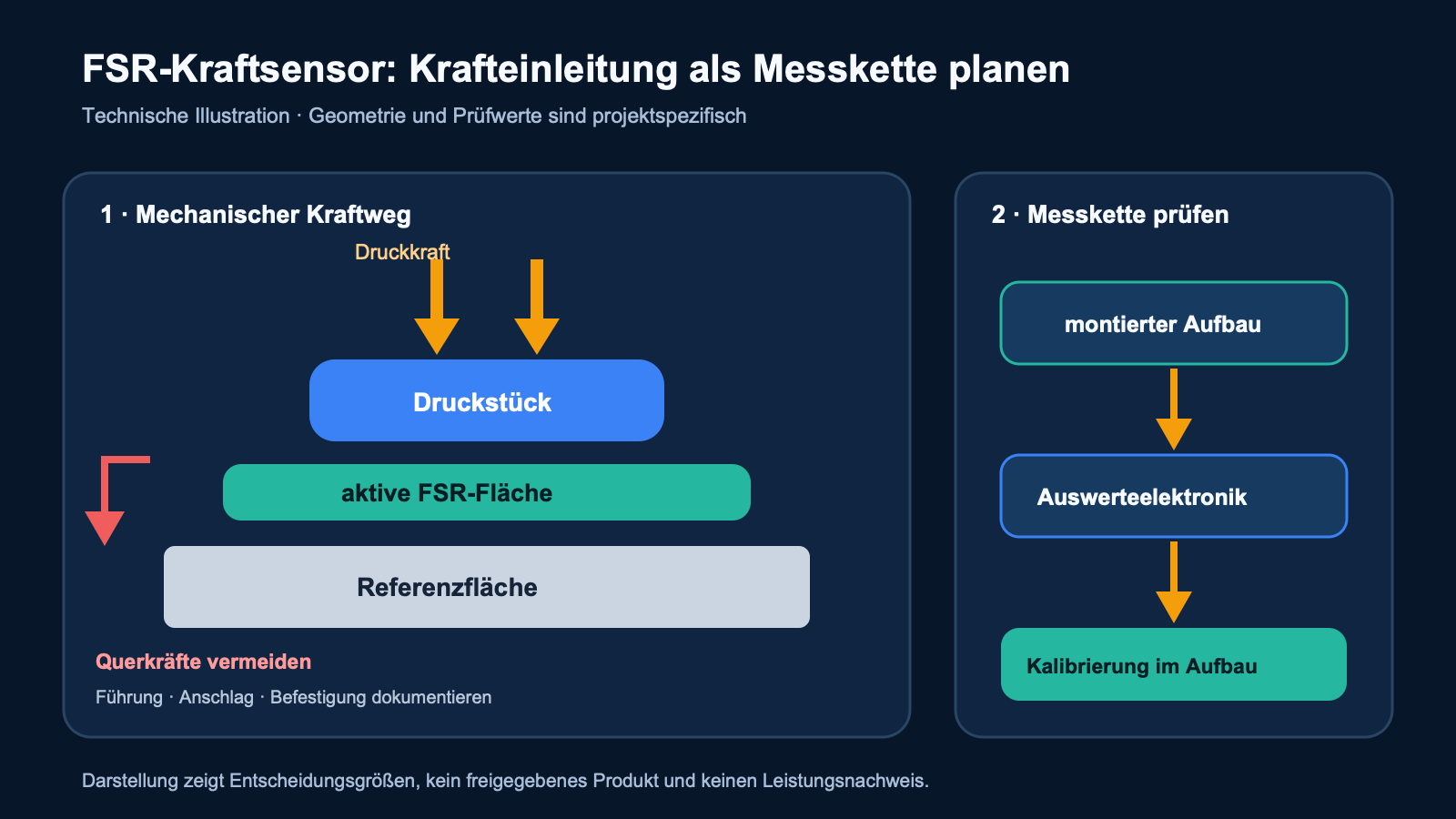 Schematische Krafteinleitung mit Druckstück, aktiver FSR-Fläche, Referenzfläche sowie Auswerteelektronik und Kalibrierung